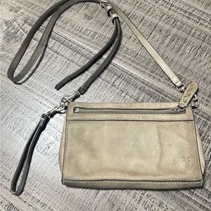 Frye Beige Gray Thick Leather Wristlet with Crossbody Strap